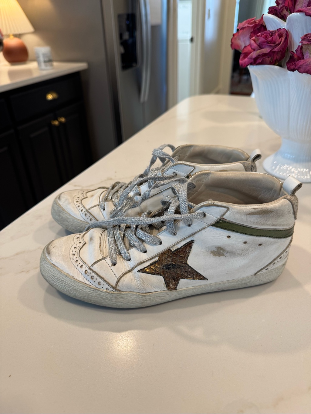 Golden Goose Midstar White High-Top Sneakers With Bronze Star